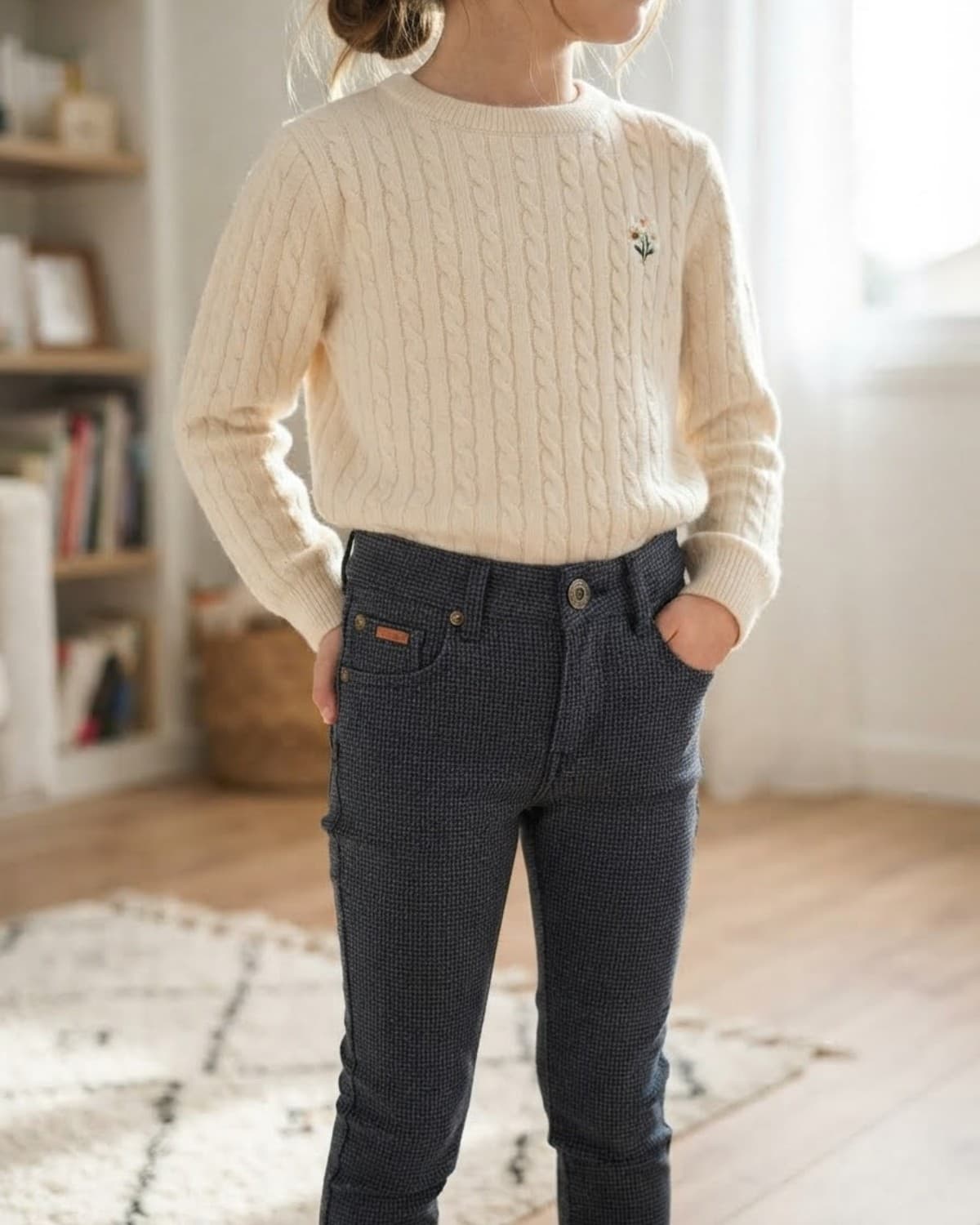 Pantalon slim ajusté en tissu texturé à motif micro-carreaux bleu et noir. Boboli 10ans 140cm