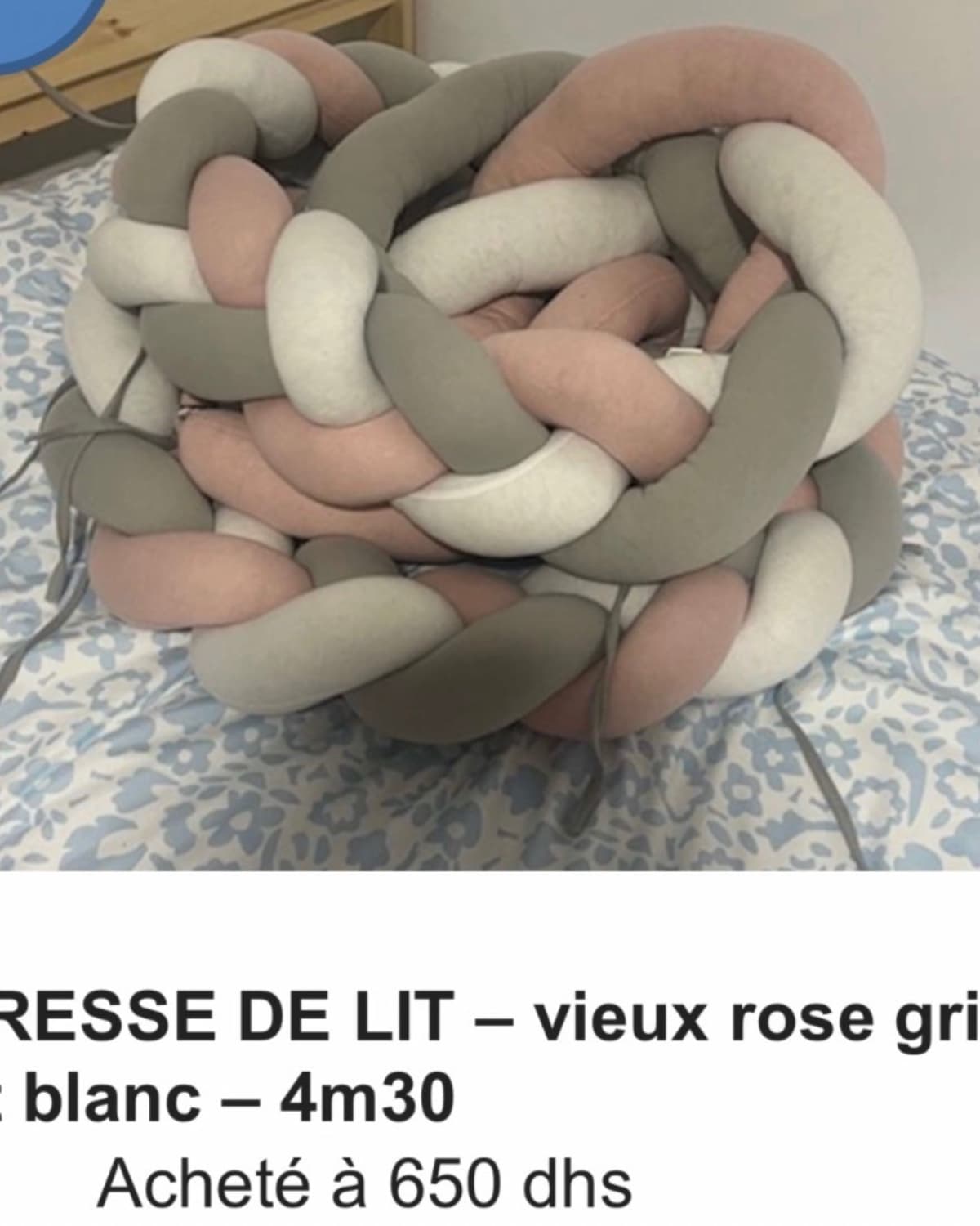 Tresse de lit vieux rose gris et blanc - 4m30